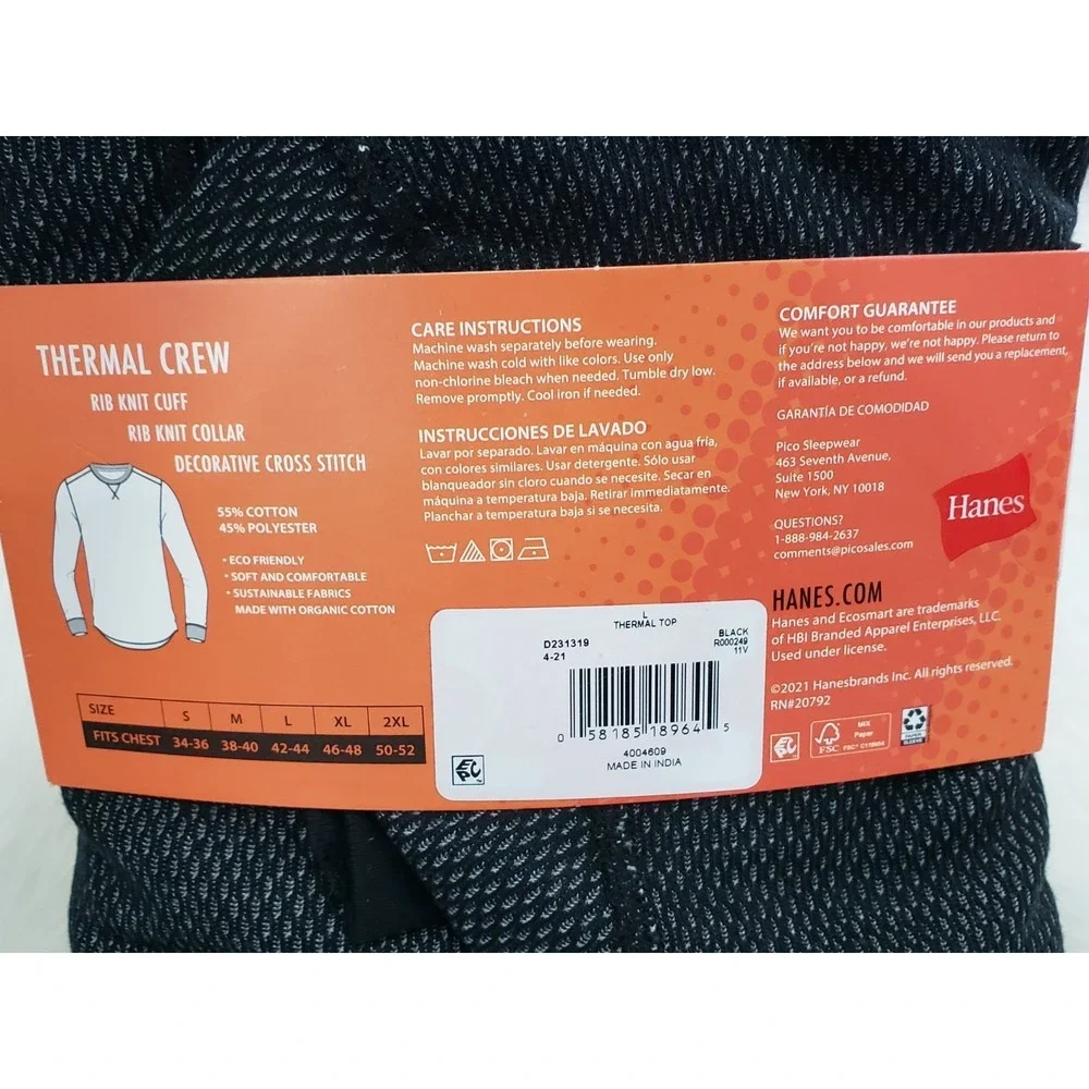 NEW Hanes Men's Thermal Crew long sleeve SHIRT Warmer Reversible Black Large